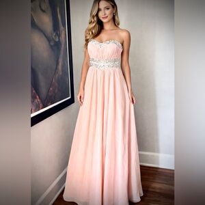Blush Pink Beaded Strapless Prom Gown | Rhinestone Formal Dress | Size 2